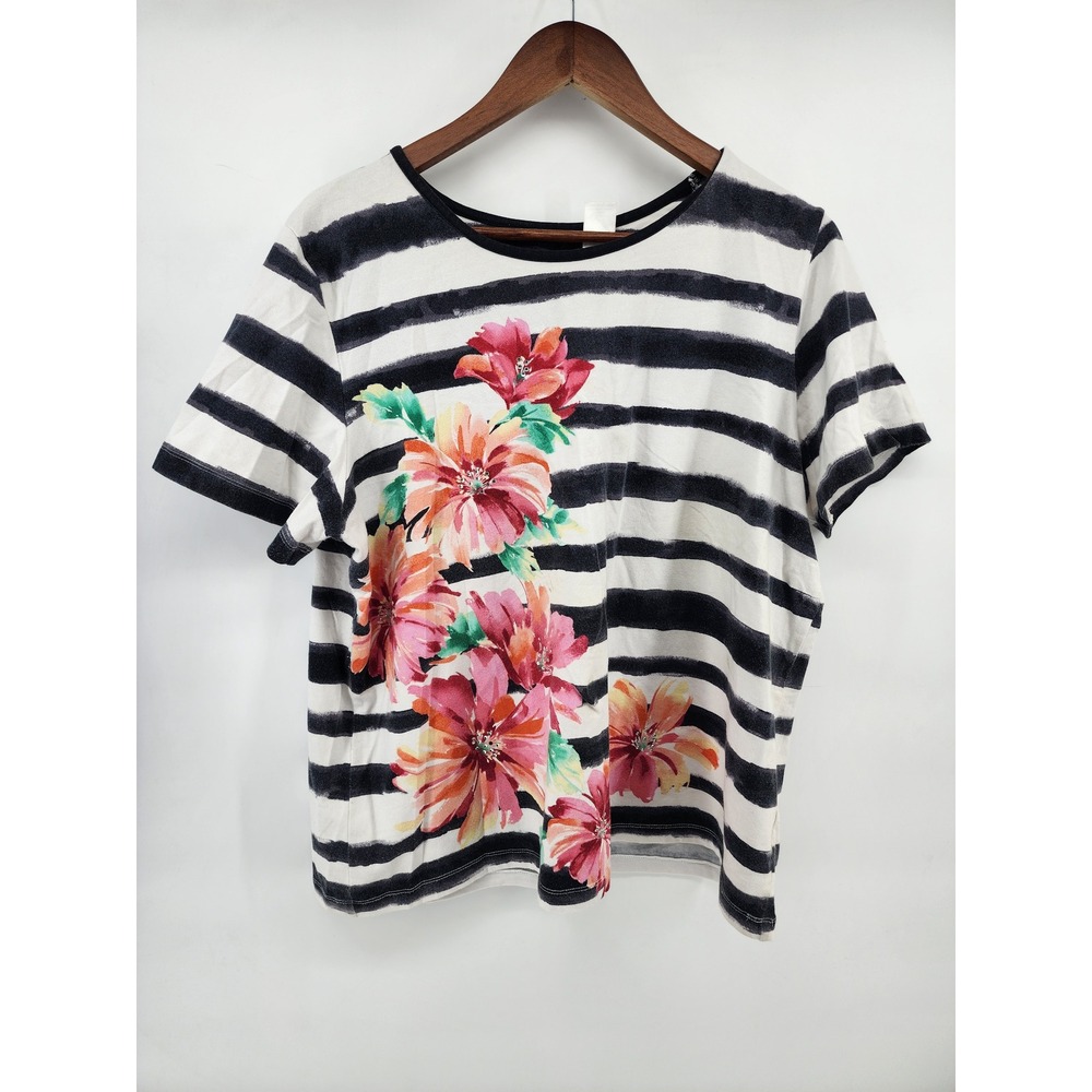 Alfred Dunner Womens Large Floral Striped Rhinestone Embellished T-Shirt Top L